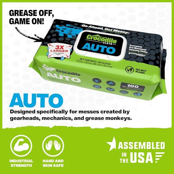 Crocodile Cloth Auto Cleaning Wipes – 100 XL (15" x 10") Disposable Wipes for Car Engine Degreasing, Body Detailing & Tire Cleaning – Cuts Grease, Oil, Adhesives on Hands, Tools, Parts & More - NeatNest