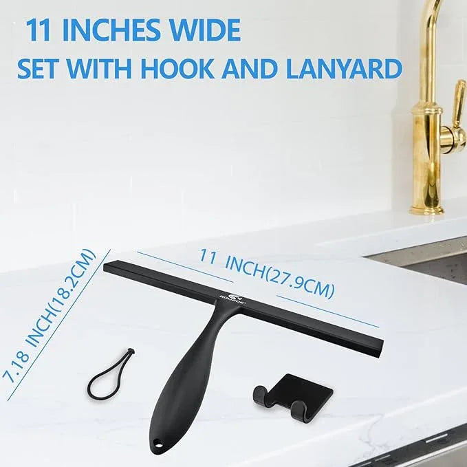 Shower Squeegee for Shower Doors with Bold Handle, 11" Anti-Rust Silicone Shower Squeegee for Shower Glass Door with Stainless Steel Inner Frame, Ergonomics All-Purpose Window Squeegee-Black - NeatNest