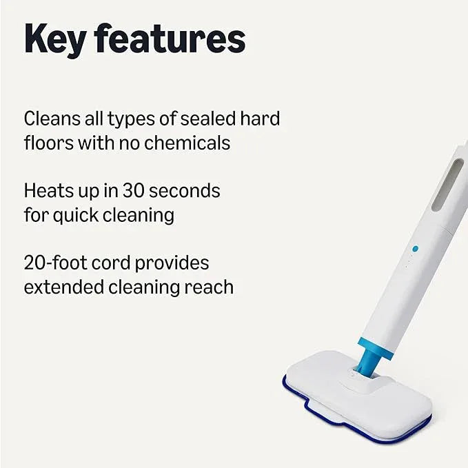 Amazon Basics Steam Mop for Hard Floor Cleaning with 20-Foot Cord, 3 Washable Pads, White - NeatNest