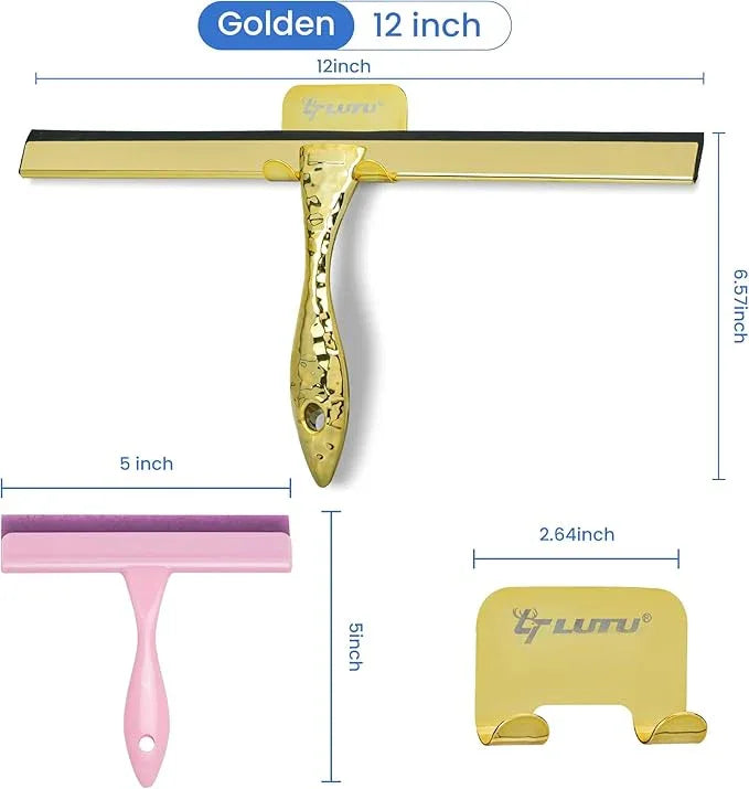 2-Pack Shower Squeegee for Glass Doors, 12 inch Gold Stainless Steel & 5 inch Pink Mini with 2 Gold Hooks, Non-Slip Hammered Handle, Silicone Wiper for Shower, Bathroom, Tile and Mirror - NeatNest