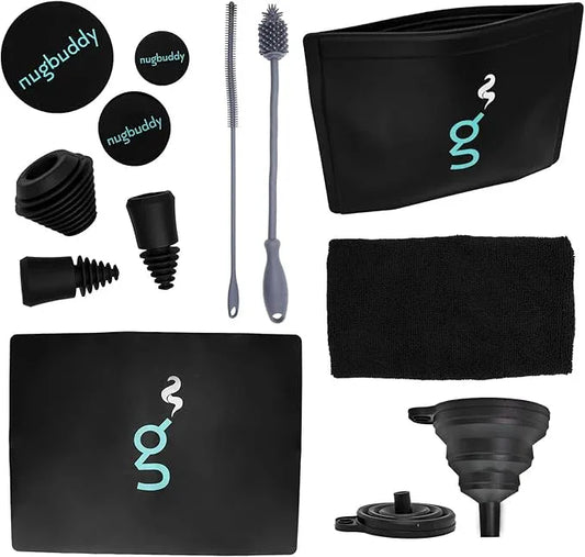 Glass Cleaning Kit - Reusable Silicone Accessories - Complete Kit to Clean your Piece, Just Add Cleaner - Reusable Soaker Bag, Brushes, Mat, Caps & Plugs, Funnel, & Microfiber Towel - NeatNest