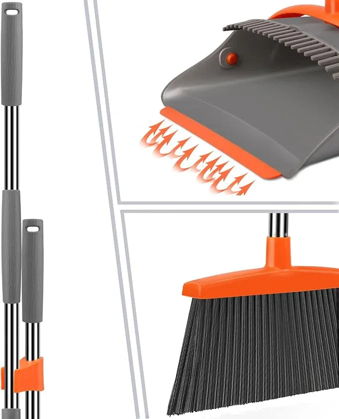 Broom and Dustpan Set for Home, Broom and Dustpan Combo for Office, Long Handle Broom with Upright Standing Dust pan,Indoor&Outdoor Sweeping (Gray&Orange) - NeatNest