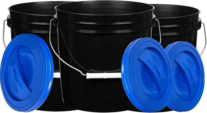 House Naturals 2 Gallon White Bucket with Screw on Lid - Pack of 3 Made in USA contrainers (Black Buckets with Blue Lids) - NeatNest
