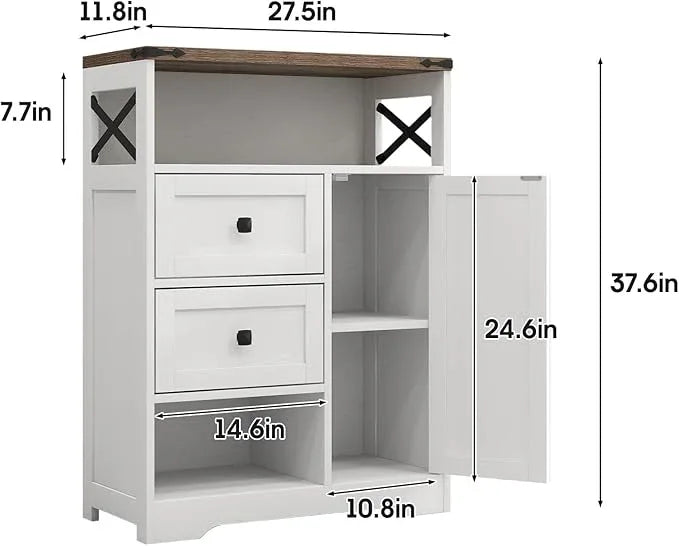 Fameill White Farmhouse Storage Cabinet with 2 Drawers & Shelves,Freestanding Kitchen Cabinet with Doors,Floor Storage Organization for Living Room,Bathroom,Laundry - NeatNest