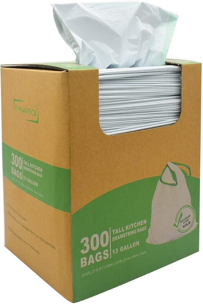 TYPLASTICS 300 Count 13 Gallon Tall Kitchen Drawstring Trash Bags, GRS Compliant, Eco-Friendly Recycled Material - NeatNest