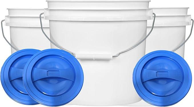 House Naturals 2 Gallon White Bucket with Screw on Lid - Pack of 3 Made in USA contrainers (White Buckets with Blue Lids) - NeatNest