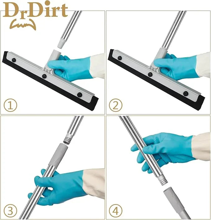 DrDirt Floor Squeegee, 14-Inch Swivel Squeegee Head, Replaceable Foam Rubber Blade, 3-Section Stainless Steel Pole, for Bathroom, Kitchen, Pet Hair, and Carpet - NeatNest