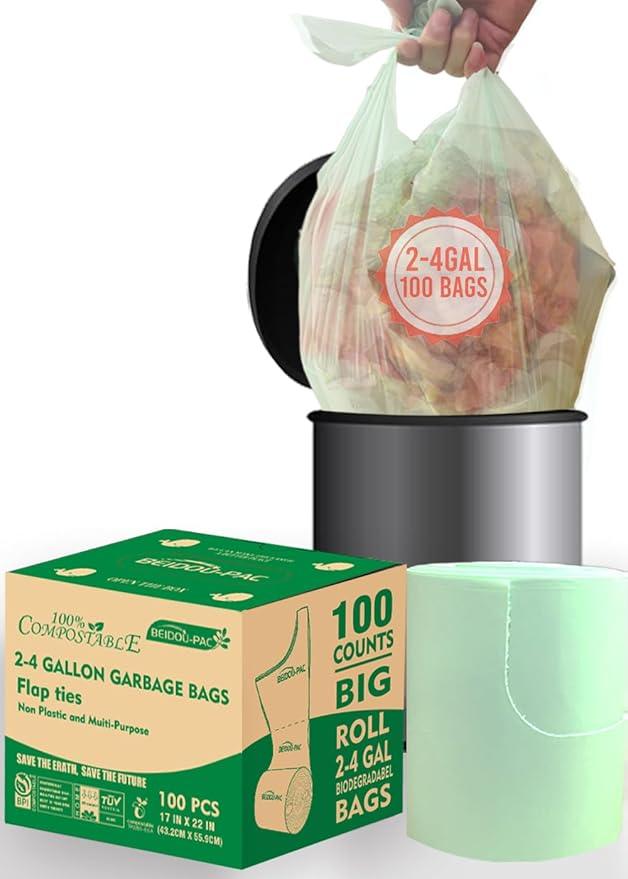 3 Gallon Flap Tie Compostable Trash Bags, 100 Count Small Compost Bags, Biodegradable Kitchen Garbage Bags, Food Scrap Waste Bags for Countertop Bin, ASTM D6400, US BPI Certified - NeatNest
