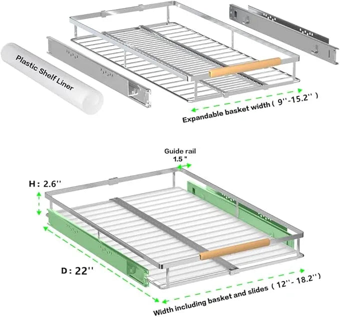 Pull Out Cabinet Drawer Organizer, Heavy Duty Slide Out Pantry Shelves Sliding Drawer Storage for Bathroom, Home, Kitchen, 2 Pack Chrome 22''Deep - NeatNest