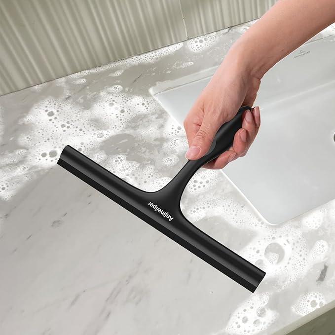 Shower Squeegee for Glass Doors with Adhesive Hook, Window Squeegee for Shower Glass, Cleaning Tile Wall, Bathroom Cleaner Tool Household Silicone Squeegee(10 inch-Black) - NeatNest