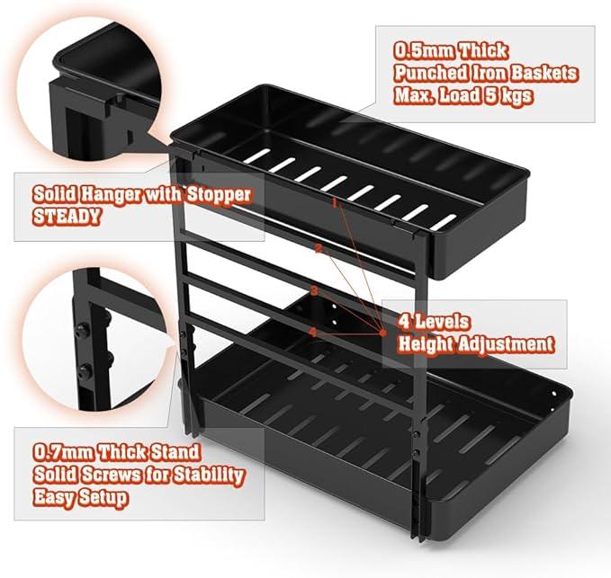 EVERIE Height Adjustable 2 Tier Metal Pull Out Slide Shelf Organizer for Under Sink Cabinets in Kitchen, Bathroom, with Snap-on Top Tray, 16" Deep (Black, 2 Sets) - NeatNest