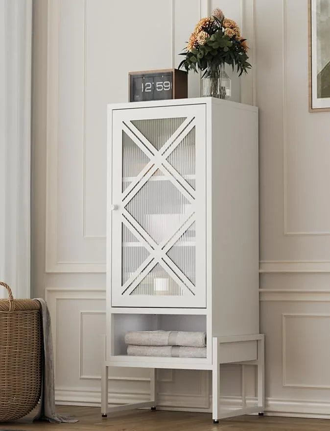 Metal Storage Cabinet with Adjustable Shelves, 42.51"H Freestanding Organizer for Pantry, Kitchen, Bathroom & Laundry Room, Strong & Rust-Resistant, Easy Assembly (White+Transparent Door Panel) - NeatNest