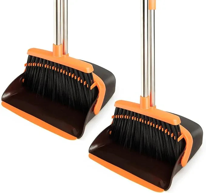 2-Pack Broom and Dustpan Set with Long Handle, Heavy Dust Broom and Dustpan Combo for Home，Kitchen, Office, Pet Hair (Brown Orange) - NeatNest