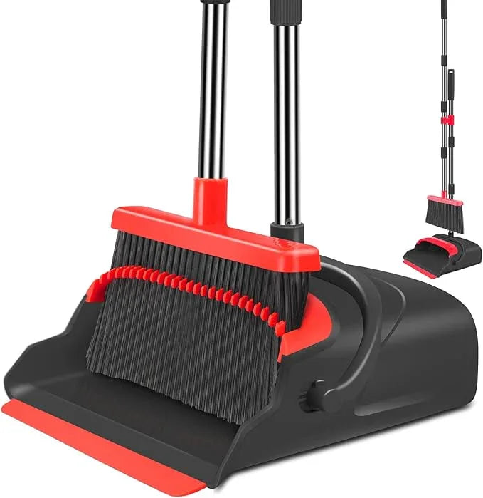 kelamayi Upgrade Broom and Dustpan Set, Broom with Dustpan Combo Set, Large Size and with Long Handle, Upright,Ideal for Indoor Outdoor Garage Kitchen Room Office Lobby Use (Black&Red) - NeatNest