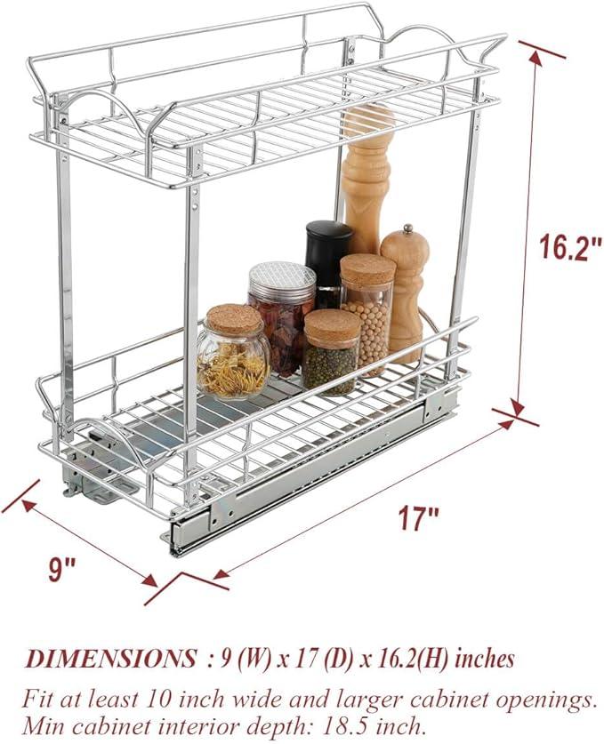 OCG Slide Out Cabinet Organizer for Narrow Cabinet (9" W X 17" D), 2 Tier Pull Out Shelves Slim Sliding Cabinet Organizer and Storage, Chrome - NeatNest