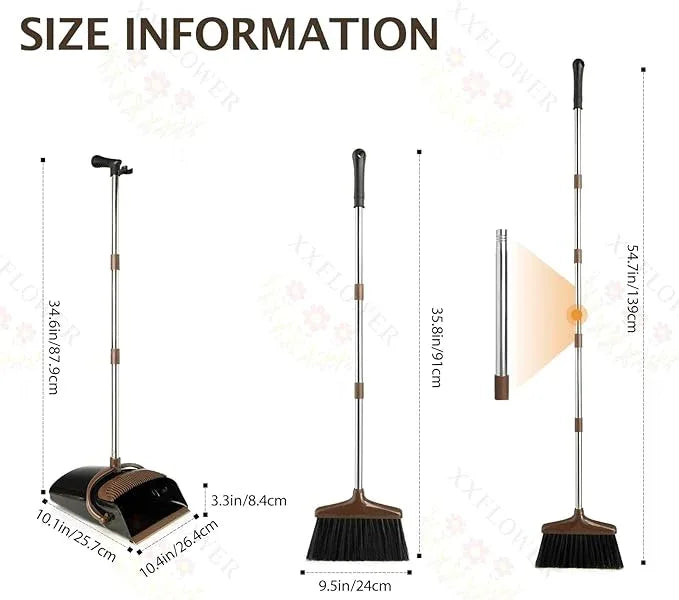 Broom and Dustpan Set with Long Handle, Light Weight Stainless Steel Poles Stand Upright Dustpans with Broom Combo for Home Kitchen Office Pet Dog Hair, 1-Pack (Black Brown) - NeatNest