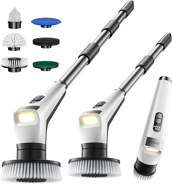 Antime Electric Spin Scrubber with LED Light, IPX8 Waterproof Cleaning Brush with LCD Display, 5 Replaceable Brush Heads, Shower Scrubber with 25kg Torque, 90min Runtime for Bathroom, Kitchen, Tile - NeatNest