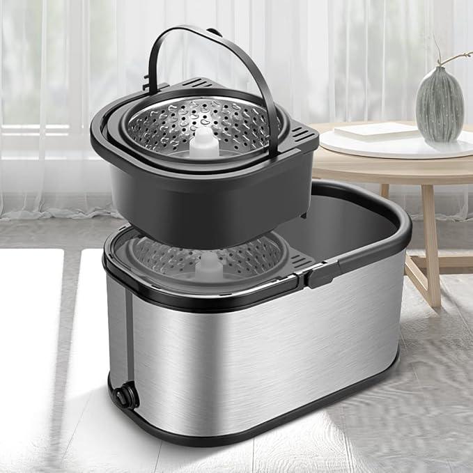Spin Mop Bucket System Stainless Steel Bucket and Mop Set with 6 Microfiber Replacement Head Refills, Floor Mop with 4 Wheel - NeatNest