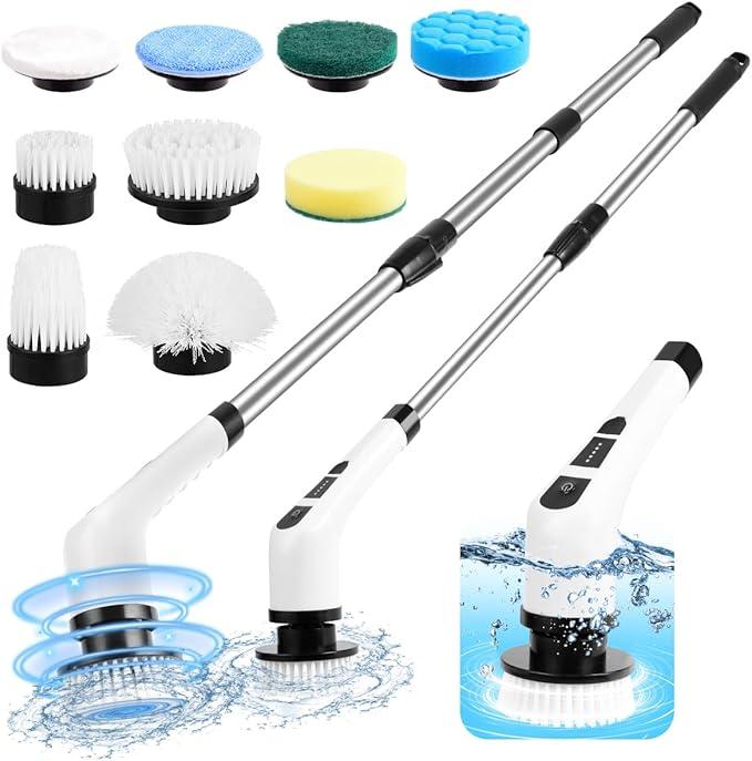 Electric Spin Scrubber,Cordless Spin Scrubber for Cleaning with 8 Replaceable Brush Heads,Shower Scrubber with Adjustable Detachable Handle for Bathroom,Kitchen - NeatNest