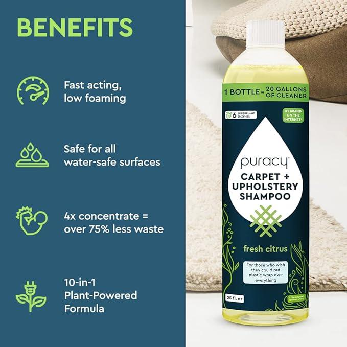 Puracy Professional Carpet Cleaner Machine Detergent, 4x Concentrated Upholstery Cleaner, Natural Carpet Shampoo, Pet Stain Remover & Deodorizer, Makes 20 Gallons of Cleaning Solution, 25 Ounce - NeatNest