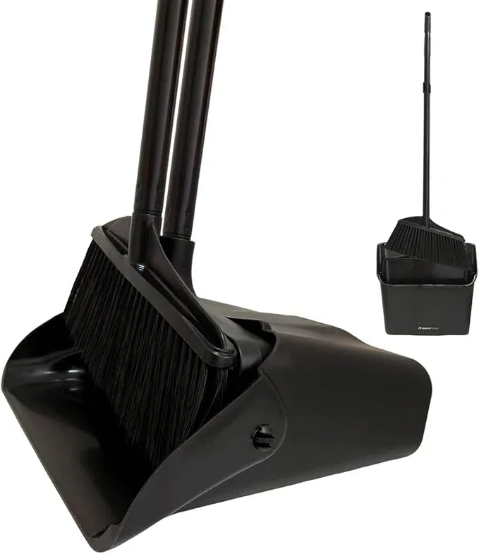 Primero Basics Broom and Dustpan Set with Long Handle and Wheels, Upright Standing Heavy Duty Large Dust Pan and Broom Combo for Indoor Outdoor, Kitchen, Garage, Restaurant Cleaning – Black - NeatNest