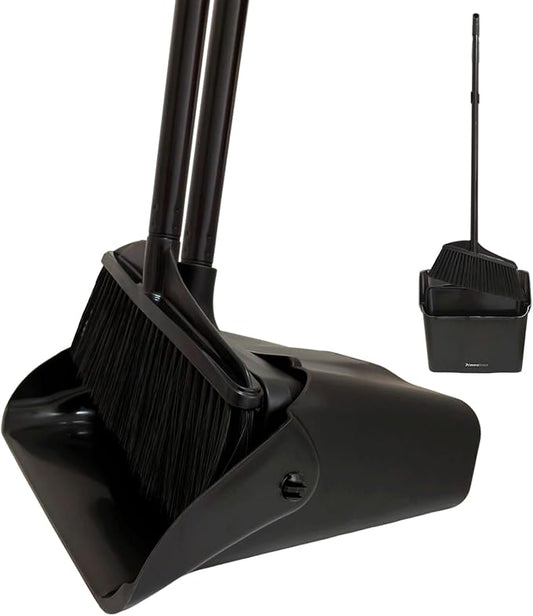 Primero Basics Broom and Dustpan Set with Long Handle and Wheels, Upright Standing Heavy Duty Large Dust Pan and Broom Combo for Indoor Outdoor, Kitchen, Garage, Restaurant Cleaning – Black