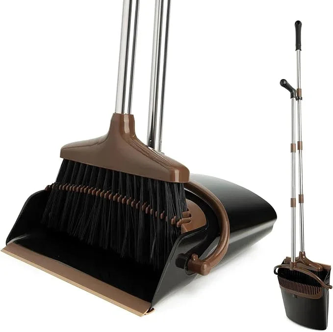 Broom and Dustpan Set with Long Handle, Light Weight Stainless Steel Poles Stand Upright Dustpans with Broom Combo for Home Kitchen Office Pet Dog Hair, 1-Pack (Black Brown) - NeatNest
