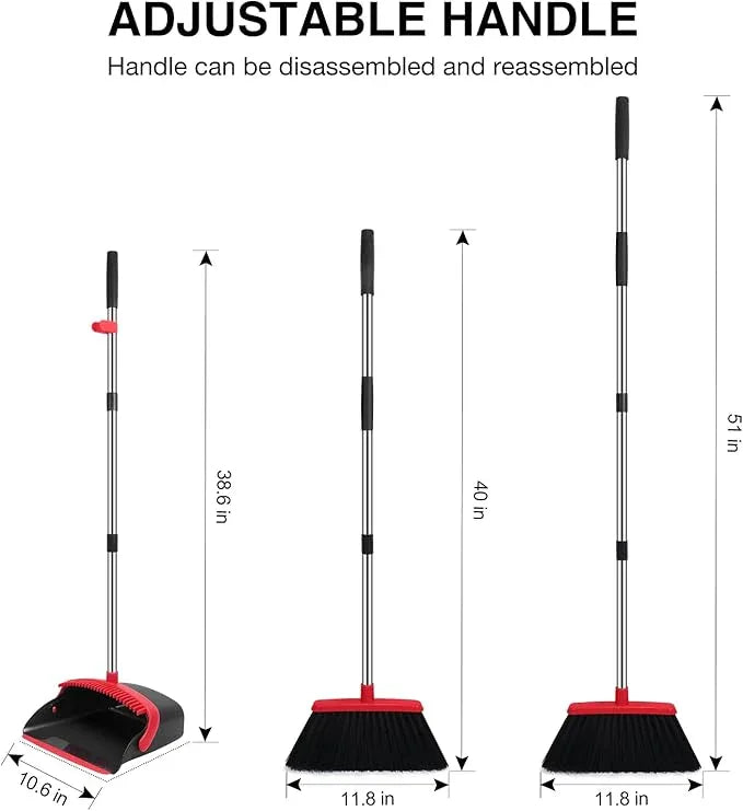 NACENA Broom and Dustpan Set, 52-in Long Adjustable Handle Broom Dustpan Combo with Dustpan Teeth to Automatically Clean Hair Suitable for Home Kitchen Office Hall Floor (Black&Red), 2 Pack - NeatNest