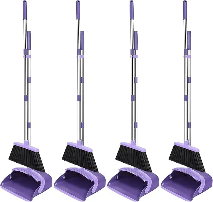 NACENA Broom and Dustpan Set, 52-in Long Adjustable Handle Broom Dustpan Combo with Dustpan Teeth to Automatically Clean Hair Suitable for Home Kitchen Office Hall Floor (Purple), 4 Pack - NeatNest