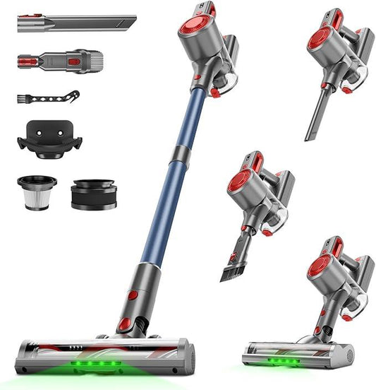Cordless Vacuum Cleaner for Home, Powerful Stick Vacuum with Rechargeable Battery, Green Light Anti-Tangle Brush, 6-in-1 Lightweight Handheld Vacuum for Pet Hair, Hard Floor, Carpet, Red - NeatNest