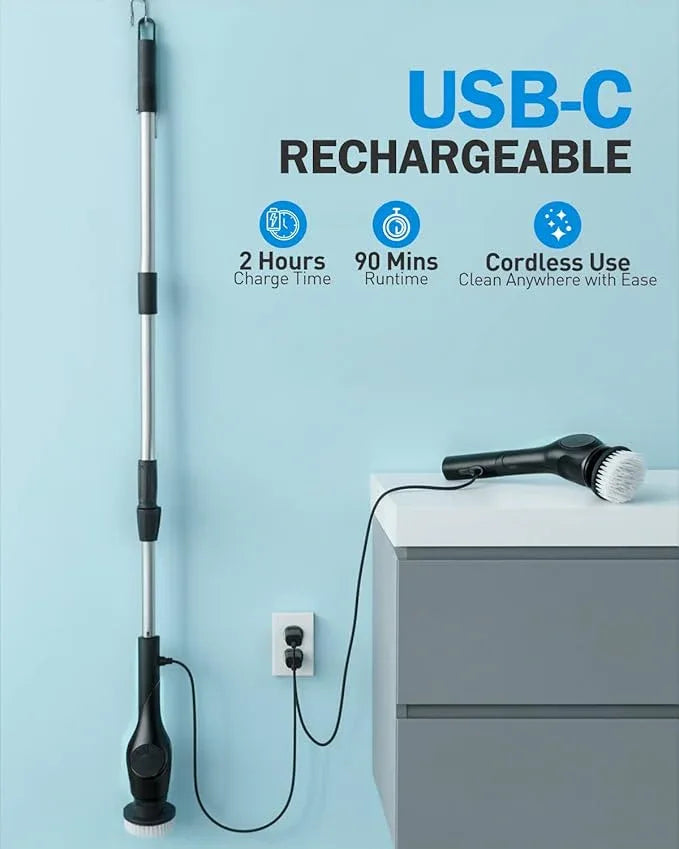Electric Spin Scrubber, 3-Speed Cordless Shower Scrubber with 90° Adjustable & 10 Replaceable Brush Heads, 90 Mins Runtime & Full-Body IPX7 Waterproof Shower Cleaner Brush with Long Handle - NeatNest