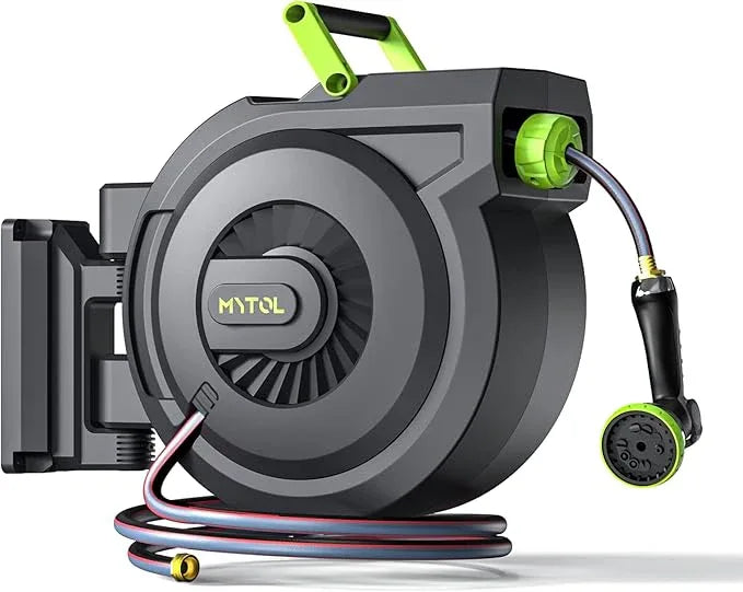 Retractable Garden Hose Reel, 5/8 Inch x 82 ft + 6 ft Wall Mounted Water Hose Reel with Auto Slow Rewind System, 10-Pattern Nozzle, Any Length Lock, 180° Swivel Bracket, Ideal for Easy Watering - NeatNest