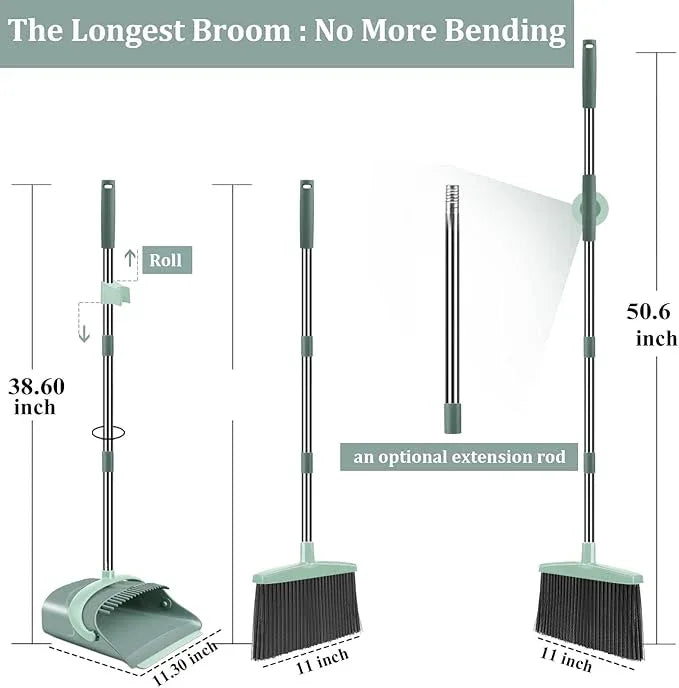 Broom and Dustpan Set for Home, Dust pan with Long Handle, Broom with Dustpan Combo Set, for Home Kitchen Room Office Lobby Floor Use Upright Stand Up Sweeping (Gray&Green) - NeatNest