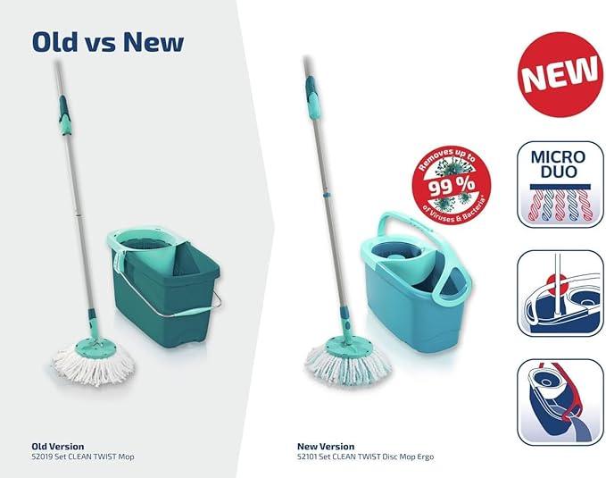 Leifheit Clean Twist Disc Mop Ergo Mop and Bucket, Floor Mop with Moisture-Controlled Spin Mop, Easy-Steer 360 Joint Microfibre Mop Head, 33cm Wide, Twist Mop - NeatNest