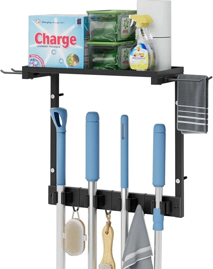 Broom Holder Wall Mount with Cleaning Supplies Organizer, Laundry Room Organization and Storage Shelves, Mop Hanger Broom Rack with Hooks, Home Improvement Kitchen Shelf Garage Organizer - NeatNest