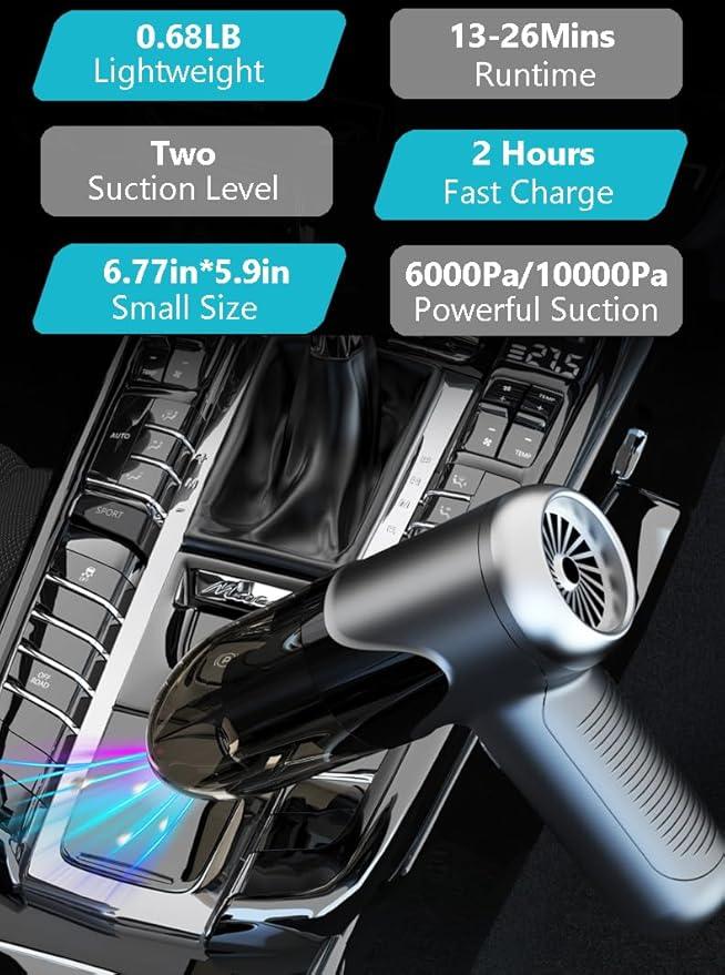 TEZILON Handheld Car Vacuum Cordless Small Portable High Power Mini Vacuum Cleaner, HEPA Filter Rechargeable 3 in 1 Dust Buster/Air Blower/Inflator, 7 Tools for Pet Hair/Keyboard/Snow Debris/Sofa/Car - NeatNest