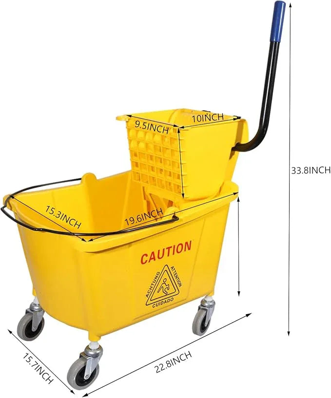 Commercial Mop Bucket with Side Press Wringer on Wheels, Including One Commercial Mop, 35 Quart, Yellow - NeatNest