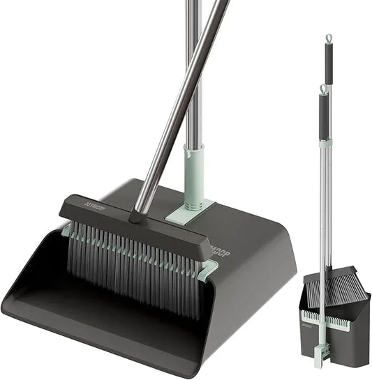 JOYMOOP Black Broom and Dustpan Set with 56” Handle, Upright Angle Design for Pet Hair and Hard Floor Sweeping - NeatNest