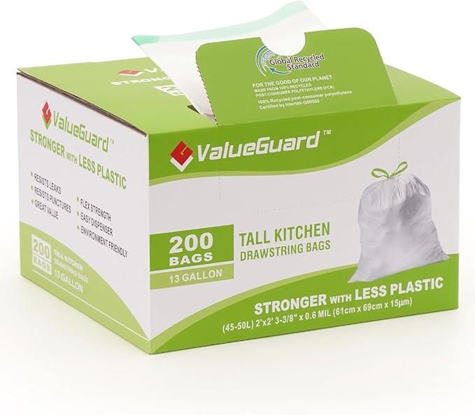 Large Trash Bag 13 Gallon Tall Drawstring 100% Post-Consumer Recycled Garbage Bag Waste Bag for Kitchen Office 0.6 Mil (200 Count) - NeatNest