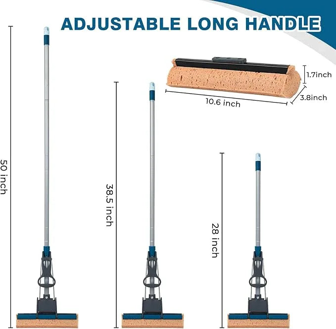 Sponge Mop for Floor Cleaning, 50" Heavy Duty Roller Mop with 4 Cellulose Refill Heads, Easy Self-Squeeze for Hardwood Tile Concrete, Wall Ceiling - NeatNest