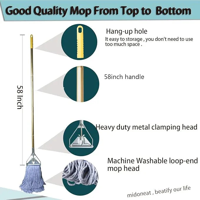 Heavy Duty Commercial Industrial Mop ,58" Looped-End String Wet Cotton Mops for Floor Cleaning, Including Three mop Head Replacement - NeatNest