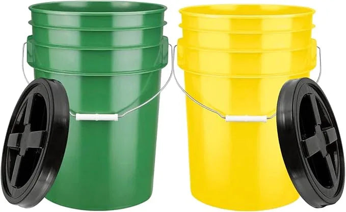 House Naturals 6 Gallon Green and Yellow Plastic Buckets with Black Airtight lids Food Grade Made in USA (2 Pack) - NeatNest