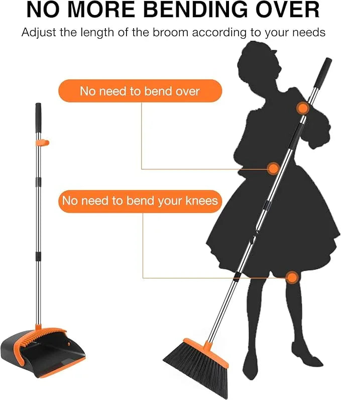 NACENA Broom and Dustpan Set, 52-in Long Adjustable Handle Broom Dustpan Combo with Dustpan Teeth to Automatically Clean Hair Suitable for Home Kitchen Office Hall Floor (Black&Orange), 4 Pack - NeatNest