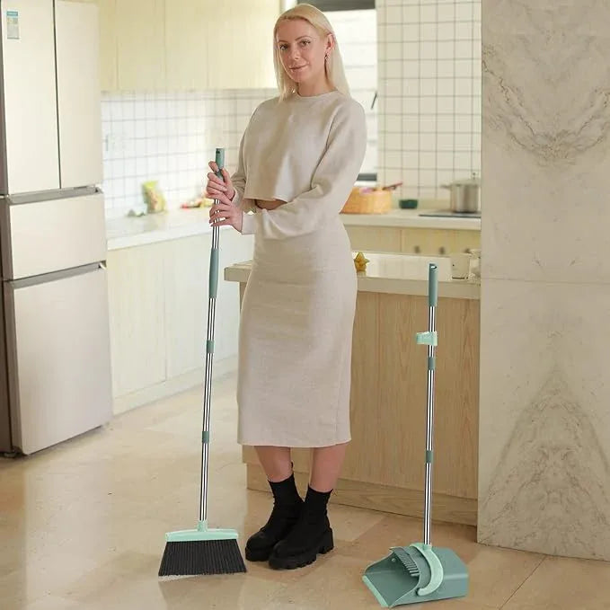 Broom and Dustpan Set for Home, Dust pan with Long Handle, Broom with Dustpan Combo Set, for Home Kitchen Room Office Lobby Floor Use Upright Stand Up Sweeping (Gray&Green) - NeatNest