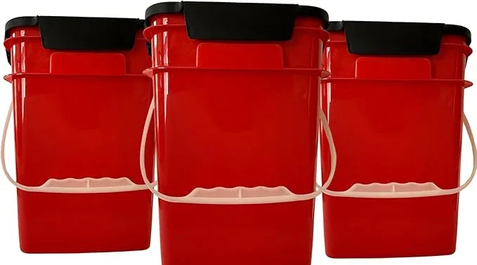 House Naturals 4 Gallon Square Food Grade Bucket Pail with Plastic Handles and Lid (Pack of 3) Made in USA containers (Red - Black lids) - NeatNest