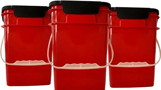 House Naturals 4 Gallon Square Food Grade Bucket Pail with Plastic Handles and Lid (Pack of 3) Made in USA containers (Red - Black lids) - NeatNest