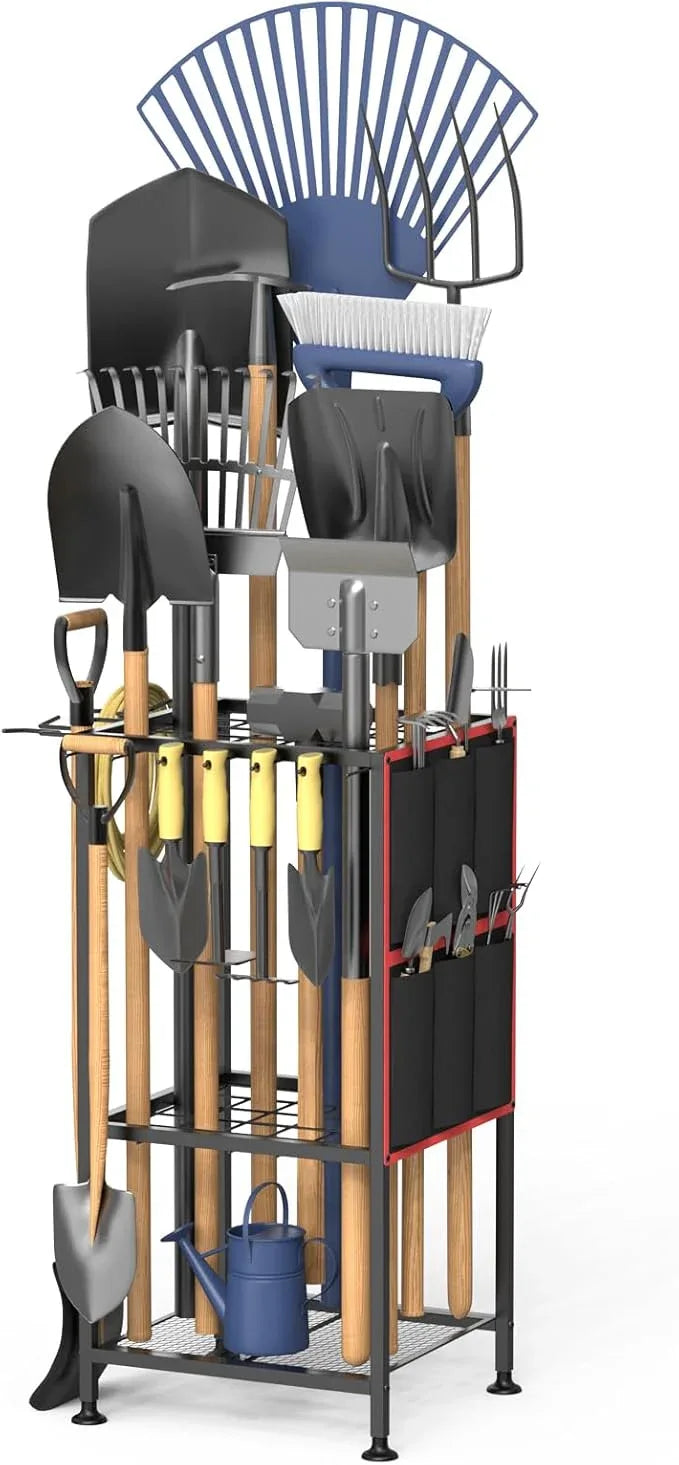 Garden Tool Organizer,Metal Yard Tool Organizer,Holds 50 Long-Handled Tools/Rakes/Brooms,Side Garden Pocket,Heavy Duty Steel Yard Tool Storage Rack for Garage,Shed, Outdoor - NeatNest