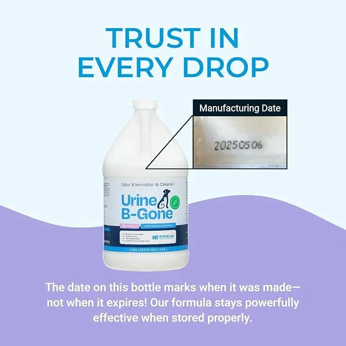 KINZUA ENVIRONMENTAL Urine B-Gone, Professional Enzyme Odor Eliminator & Pet Stain Remover, Human, Cat & Dog Urine Cleaner, Effective on Laundry, Carpets & More, Lavender Scent, 1 Gallon - NeatNest