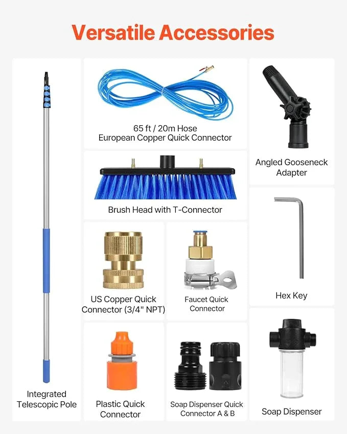 VEVOR Water Fed Pole Kit, 30FT Solar Panel Cleaning Pole with Extendable Handle, 180° Rotatable Brush Head & 65.6FT Hose, Household & Outdoor Window Cleaner Tool for Caravan Solar Panel Deck - NeatNest