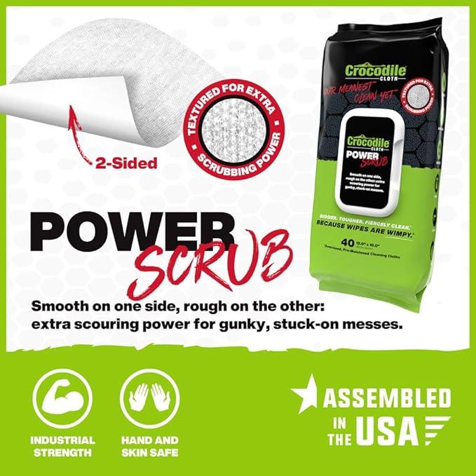 Crocodile Cloth PowerSCRUB - 40 (15" x 10") Heavy Duty Cleaning Wipes - Dual-Surface Cloths, Moist, Absorbent, & Disposable - Safe on Skin & Multiple Surfaces - NeatNest